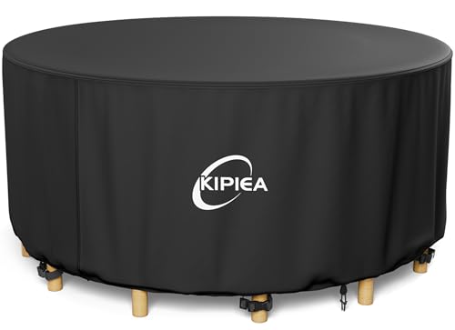Kipiea Gartenmöbel Abdeckung Rund Winterfest, 500D Oxford Gewebe Gartentisch Abdeckung Rund Wasserdicht, Abdeckplane für Gartenmöbel und Gartentische 