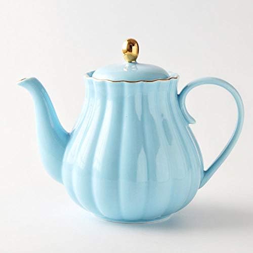 LIKEZZ Ceramic Teapot Pumpkin Shape Hand Painted Gold Bone China Teapot With Tea Strainer Elegant Tea Pot Set 1L,Blue