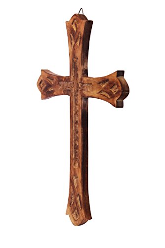 The StoreKing Wooden Wall Cross Plaque 15" Long Hanging with Hand Carvings Religious Altar Home Living Room Decor