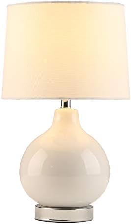 White Accent Side Table Bedroom Living Room Ceramic Table Lamp, Brushed Nickel Base