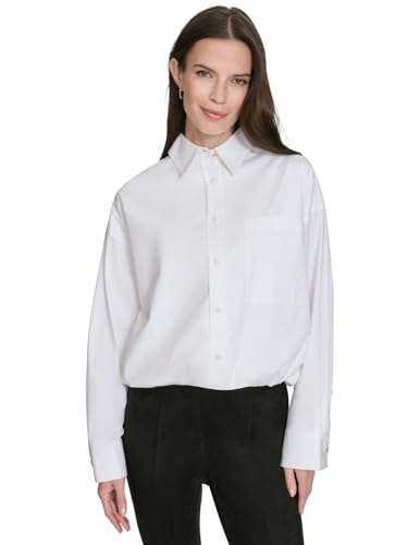 HALSTON Women's Long Sleeve Dress Shirt Oversized with Chest Pocket, White, Lar…
