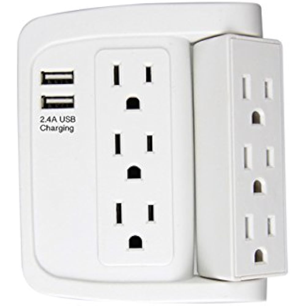 6 Outlet Power Strips Swivel Wall Adapter, With USB Ports, Tap White