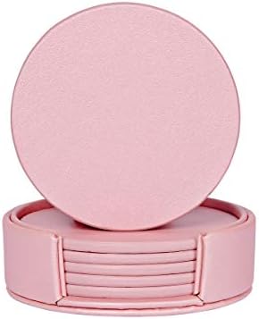 Leather Coasters Set of 6 with Holder,Round Cup Mat Pad for Home and Kitchen Use (Rose gold)