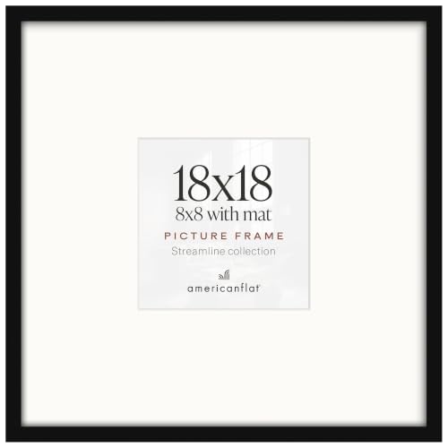 Americanflat 18x18 Picture Frame with Polished Plexiglass - Use as 8x8 Frame with Mat or 18x18 Frame Without Mat - Streamline Collection - Thin Square Picture Frame for Wall Display - Black