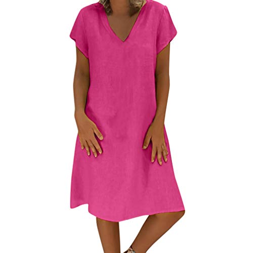 Sunmoot Casual Linen Loose Plain Simple Dress for Women, Plain Simple Solid V-Neck Plus Size Midi Dress - Thumbnail 6