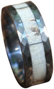 Mens Tungsten &amp; Real Whitetail Deer Antler Ring with Hammered Edge, Comfort Fit, 8mm, Size 11.5