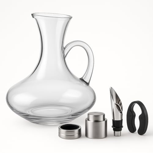 Kit de Vinho Premium com Decanter de Vidro 1500ml e Acessórios – Bico Dosador, Tampa Hermética, Anel Anti-Gotas e Cortador de Lacre – Presente Elegante