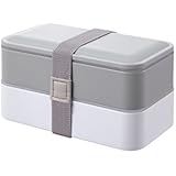 PuTwo Lunch Box, Bento Box Containers with Cutlery, Double Stackable Boxes, Leakproof, Microwave, Freezer, Dishwasher Safe, BPA-Free, Gray