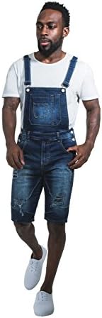 Urban Rags Men’s Dungaree Shorts - Darkwash with Abrasions Denim bib-shorts Overall Shorts