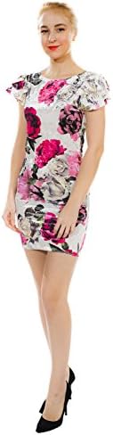 Megan apparel Women's Floral Print Short Sleeve Bodycon Dress, D10917, White-Pink, Large