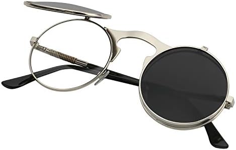 RANHUU Flip Up Sunglasses Gothic Round Retro John Lennon Style Sunglasses Steampunk Sunglasses