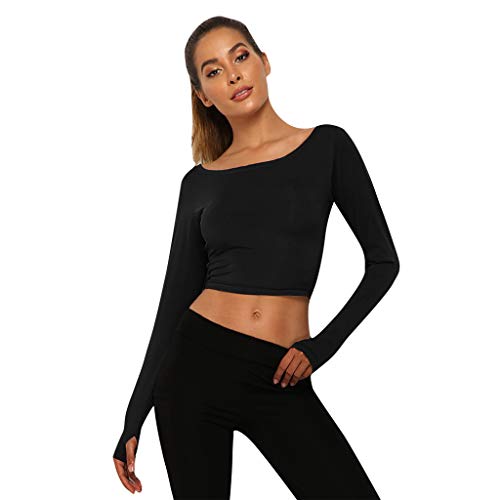Toimothcn Women's Yoga Crop Tops Slim O-Neck Dance Fitness Long Sleeve Top Blouse (Black,M) - Thumbnail 3