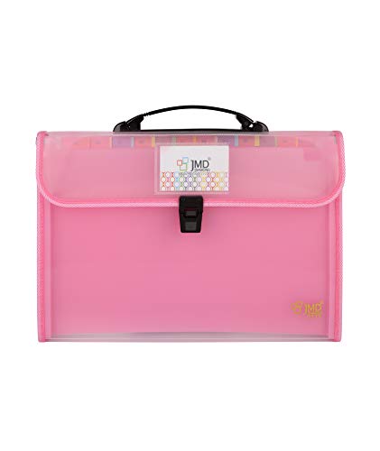 JMD 13 Pockets Expanding File Folder with Handle A4/FC Letter Size Paper Expanding File Folder Pockets Accordion Document Organizer for School Office (Transparent Pink)
