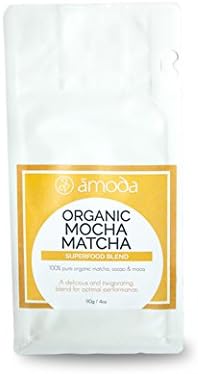 Organic Mocha Matcha Latte Mix by Amoda – Maca + Matcha + Cacao powder. An uplifting blend to manage stress, boost immunity &amp; mood. A balancing and delicious adaptogenic latte &amp; smoothie powder. 4oz