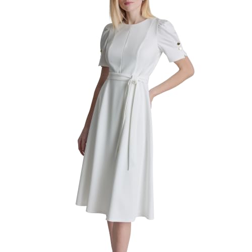 DKNY Women's Short Puff Sleeve Jewel Neck Midi Dress Removable Belt Scuba Crepe Dress, Cream, 10 at Amazon