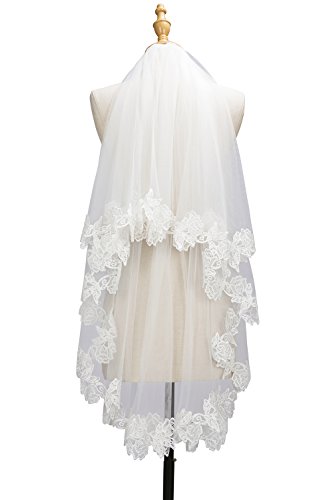 Women's Short 2 Tier Tulle Sheer Lace Wedding Bridal Veil with Comb(Ivory)