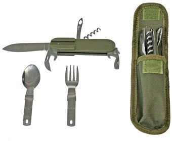 Campers Utility Knife with Pouch, Spoon, Fork, Can/Bottle Opener, Corkscrew