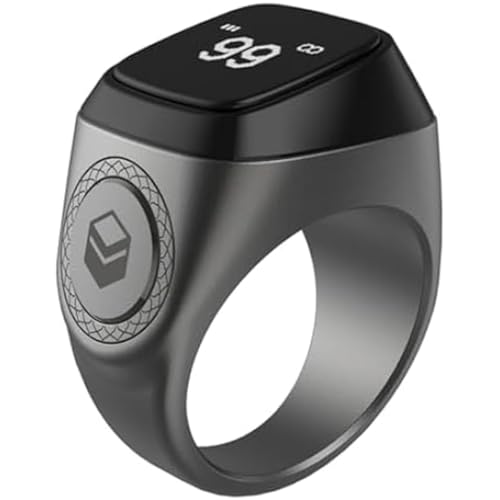 Smart Tasbih Zikr Ring E01, Muslim Prayer Timing Reminder, Oled Display, Tasbih Counter, Smart Ring, Tasbih Ring, Wearable Technology, 5 Time App Notification (Black Gray, 22mm)
