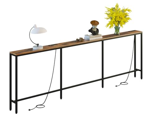FLORIHOMA 260CM Behind Couch Table with 2 Fast Charging Stations, 18CM Narrow Skinny Sofa Table with 4 Power Outlets, 4 USB-A, 2 USB-C for Console Entryway, Rustic Brown