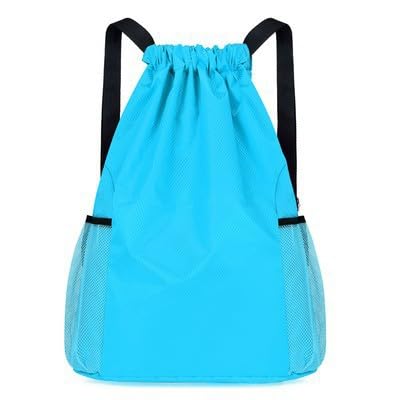 KHAOP Drawstring Gym Bag - Large Sports Backpack String Swim Drawstring PE Bags for Women Men, Travel Beach School Bag with Waterproof - Light Blue(S)