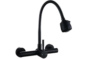 Wall Mount Faucet with Sprayer 8 Inch Center, Matte Black Kitchen Faucet with Dual Function Sprayer