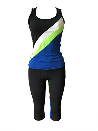 Women's Apparel Sports Gym Yoga Workout Activewear 2 Pieces Top+Leggings Set (L/XL = US Size 8-12, Blue/Green Black Mix) - Thumbnail 3