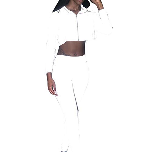 Crop Top Flash Reflective Women Jacket Casual Hoodies Fashion Streetwear 2019 Autumn Winter Female Zipper Sweatshirt(White, L)