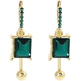 DIAMANTIO 18K Gold Plated Green Emerald Drop Earrings – Geometric Square Dangle Hoop with CZ Accents, Elegant Statement Jewelry for Women