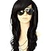 MelodySusie Black Long Curly Wavy Wig for Women, 34 Inches Synthetic Hair Wig with Inclined Bangs Halloween Cosplay Daily Party Wig Natural as Real Hair with Free Wig Cap, Black