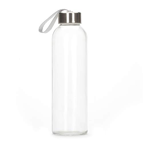 Glass Water Bottle 6 Pack 18oz Bottles for Beverages and Juicer Use Stainless Steel Leak Proof Caps with Carrying Loop - Including 6 Black Nylon Protection Sleeve and Soft Cleaning Brush