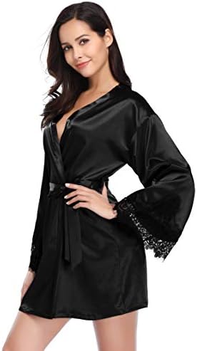 Satin Kimono Robe for Women Long Sleeve Lace Trim Bathrobes Sleepwear Nightwear