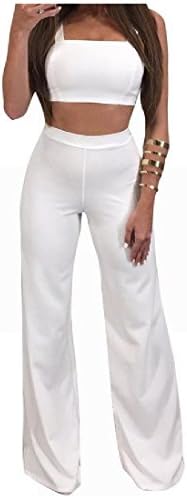 LoveSky Womens 2 Pieces Crop Top Solid Evening Wide Leg Playsuit Pants Sets White XSmall