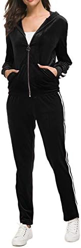 Women's 2 Piece Solid Velvet Full Zip-up Hooded Sweatshirt & Pant Tracksuit Set
