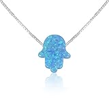 Light Blue Opal Hamsa Hand Necklace - 15 to 22 Inch Sterling Silver Box Chain