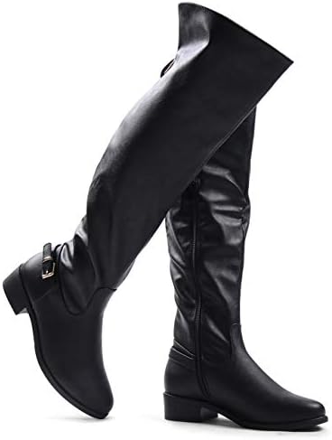 Women's Over The Knee High Flat Riding Boots - Low Stacked Heel - Buckle Decor Side Zipper