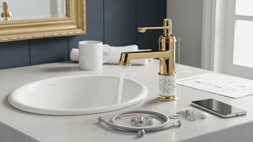 Luxury Gold Brass Bathroom Sink Faucet | Premium Ceramic Basin Mixer Tap with Single Handle | Anti-Rust Deck Mount Hot & Cold Water Tap for Home, Bathroom & Kitchen Vanity