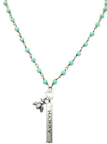 Bumble Bee Happy Inspirational Quote Bead 16 Necklace Made in USA (Aqua)