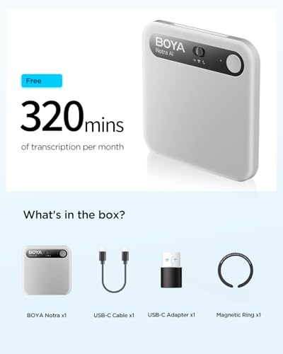 BOYA Notra AI Voice Recorder,Ambient/Phone Call/Bluetooth Capture, AI Transcription&Smart Summary, Support 140+ Languages, 64GB Storage, Magnetic Note Taker for Meetings,Lectures,Interviews(Sliver)