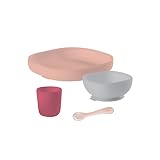 BEABA Silicone 4-Piece Dishware - Easy to Clean - Dishwasher and Microwave Safe - Soft, Unbreakable, Non-Slip Suction Bottom - Includes Plate, Bowl, Cup and 2nd Stage Silicone Spoon (Blush)