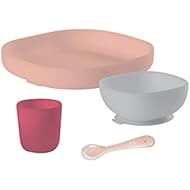 BEABA Silicone 4-Piece Meal Set - Easy to Clean - Dishwasher and Microwave Safe - Soft, Unbreakable, Non-Slip Suction Bottom - Includes Plate, Bowl, Cup and 2nd Stage Silicone Spoon (Blush)