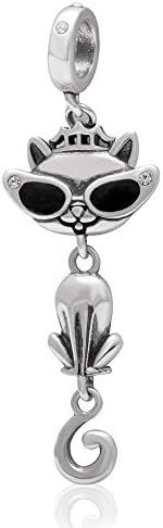 Princess Cat Wearing Sunglasses Charms 925 Sterling Silver Pendant for Bracelet