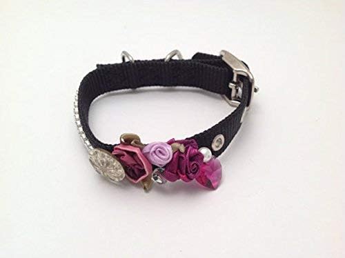 Black 12 Inch Nylon Dog Collar Embellished with Swarovski Crystals,Purple and Rose Silk Rosettes, Pearls and Beads as well as a Button and Rose Heart.