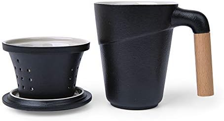 Ceramic Tea Cup with Filter and Lid, Black Stylish Porcelain Mug Brewing Strainer for Loose Leaf With Wood Handle - Office and Home Uses (Gift Box Package -9.5 ounce)
