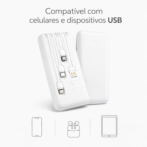 Power Bank Carregador Portátil Universal 10000mAh com Cabos Integrados USB-A, USB-C (Type-C), Micro-USB e USB-Light Carregamento Rápido Bateria Externa Compacta para Celular Android iOS(Branco)