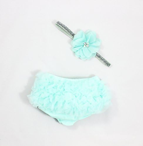 Ruffle Bloomer &amp; Lace Flower Infant Headband Set, Newborn Baby Girl, Aqua
