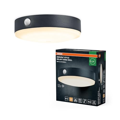 OSRAM Endura Style Tossa Solar wall Light, Warm White Light (3000K), Integrated Sensor, usable Without Power, Burning time up to Eight Hours, IP44 Protection, Black