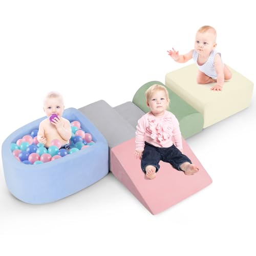 whiffee Foam Climbing Blocks for Toddler, Toddler Climbing Toys Indoor, Kid Baby Climbing Toys Blocks with Ball Pit for Baby, Soft Play Set Playground (Balls not Included) (5-Color)