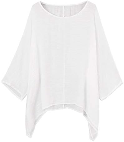 Women Cotton Linen Shirts Retro Solid 3/4 Sleeve Blouse Tops O-Neck Loose T-Shirt Vest Tunic Irregular Hem Tees