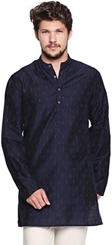 Shatranj Men's Indian Banded Collar Mid-Length Tunic Kurta Micro Dobby Pattern