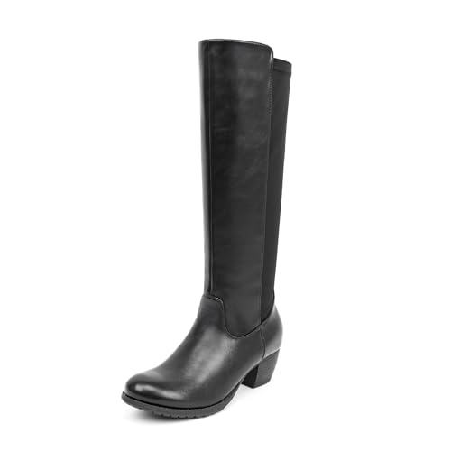 VJH confort Women's Knee High Boots, Round Toe Low Heel Stretchy Comfy Wide Calf Tall Riding Boot(Black,6.5) at Amazon
